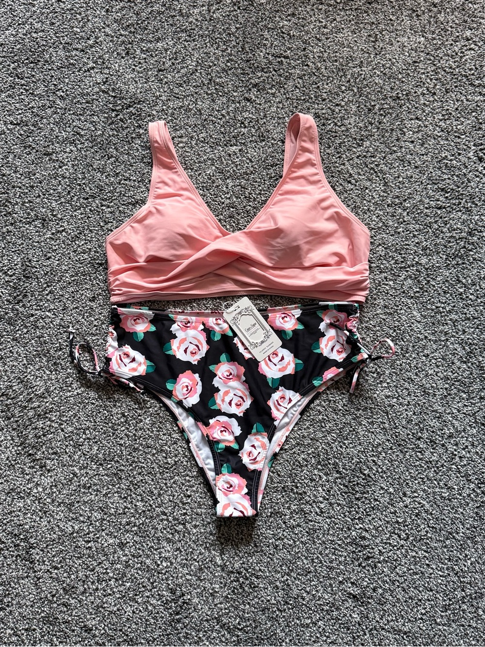 Coeur De Vague Pink Crop Bikini Top with Black Rose Print High-Waist Bottom